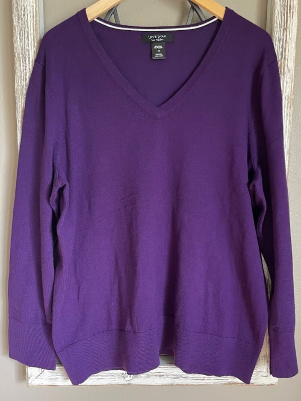 Love Ryan Los Angeles V-Neck Pullover Sweater, Deep Purple ,Cotton Blend, 1X